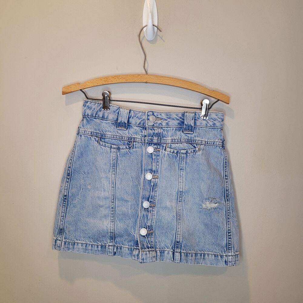 Free People We The Free Midnight Sun Mid Rise Blue Denim Distressed Skort 26